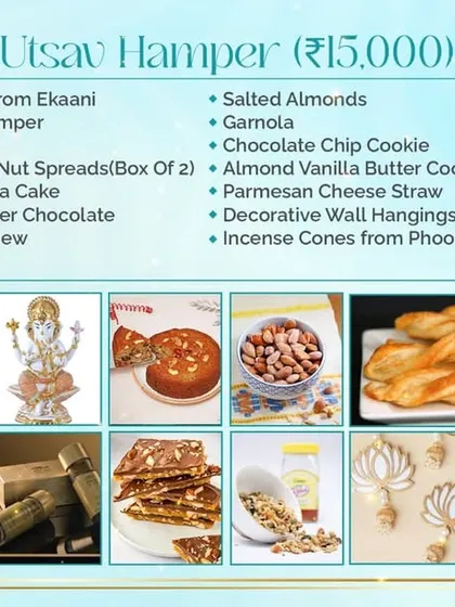 Discover what's inside the 'Utsav Hamper'. This graphic details all the items, from our Fruit & Nut Tea Cake to savoury Parmesan Cheese Straws and a Ganesha idol.
