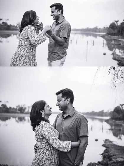 A black and white collage of a couple dancing and sharing an intimate moment by a lake. These photos capture their playful and romantic connection.