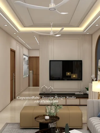 This view highlights the TV unit and the long, spacious layout of the living room, which is perfect for large families.