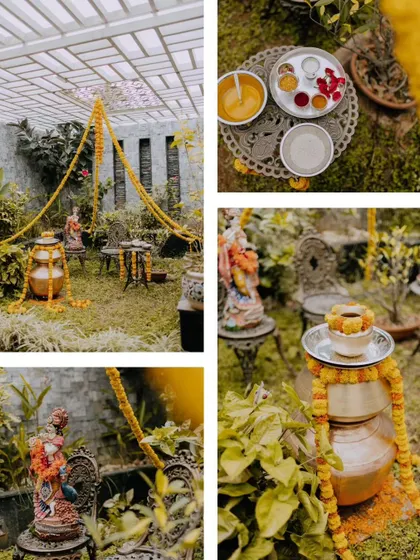 A collage of the beautiful and minimalist decor from a Half Saree Haldi ceremony held in a garden.