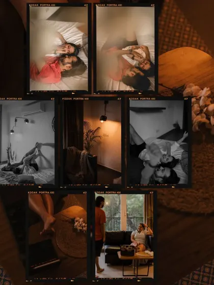 A collage of film-style photos from an intimate indoor session, showing a variety of cozy and romantic moments around the house.