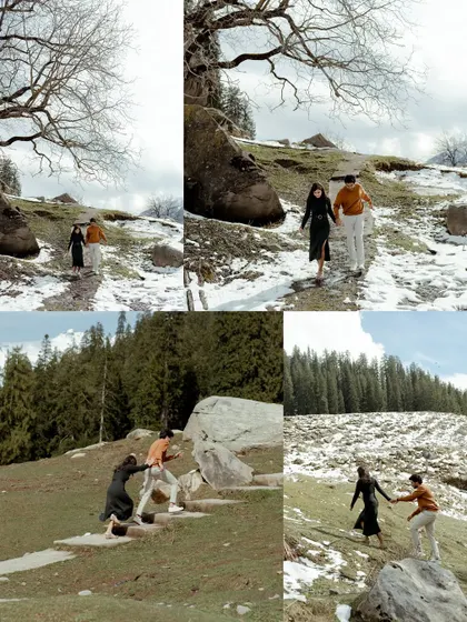 This collage tells the story of a mountain adventure, from helping each other over rocks to walking hand-in-hand through patches of snow.