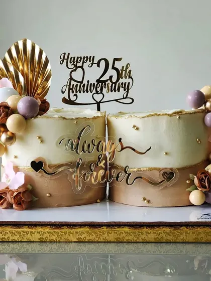 A still shot of the dual-cake design, perfect for celebrating a milestone anniversary. The clean lines, subtle color shifts, and gold accents create a modern and heartfelt tribute.