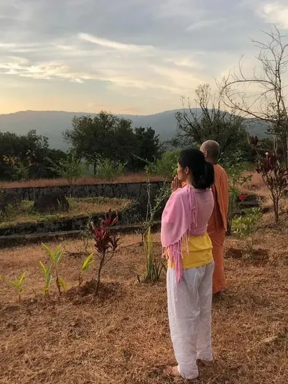 Students practicing sun salutations as the day begins. Our hatha yoga practice is synchronized with the rhythms of nature, helping to harmonize the body and mind.