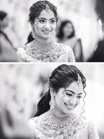 A collage of a bride's candid smiles, captured in timeless black and white during her reception.