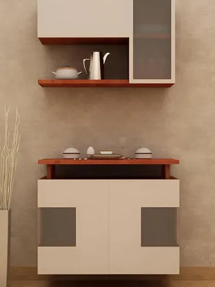 A minimalist, wall-mounted crockery unit with a simple and clean design. The combination of floating cabinets and an open shelf is perfect for modern, uncluttered spaces.