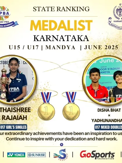 Gold medalists Hithaishree L Rajaiah (U17 GS) and the pair of Disha Bhat & Yadhunandhan (U17 XD) from Mandya.