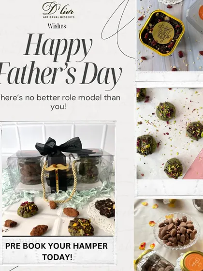 A collage showcasing our Father's Day gift hamper. It highlights the assortment of treats inside, including oat brownies, pistachio millet cookies, and choco almonds, with a "Pre-Book Your Hamper" call to action.