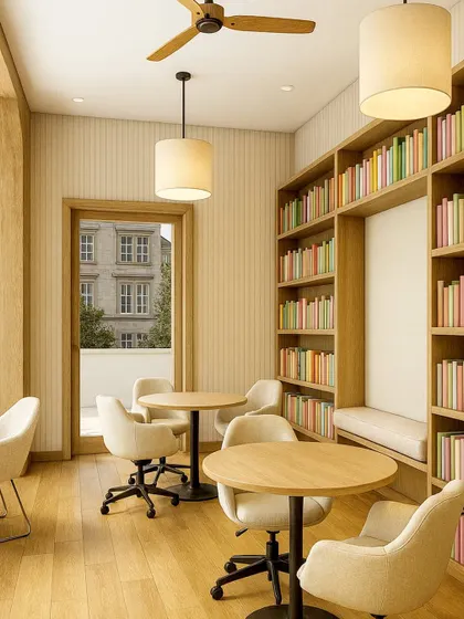 Another view of the collaborative study space, highlighting the built-in cushioned bench and flexible table arrangements. The design ensures that students can easily reconfigure the space for group projects or individual study.