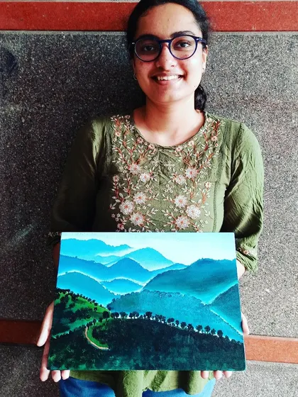 This beautiful painting of the tea plantations in Munnar, Kerala, was created by a student as a practice piece. My courses often include studies like this to build skills for a larger, final artwork.
