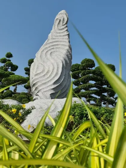 A close-up of a custom stone sculpture used in the Hyderabad project. Integrating art and sculpture is one way I help make each garden a unique expression of the owner's personality.
