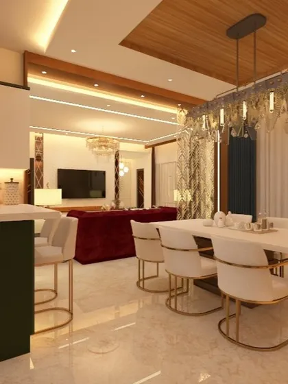 A view from the kitchen into the dining and living areas, demonstrating our approach to open-plan living. The design ensures a cohesive look across all zones while maintaining distinct functionality.