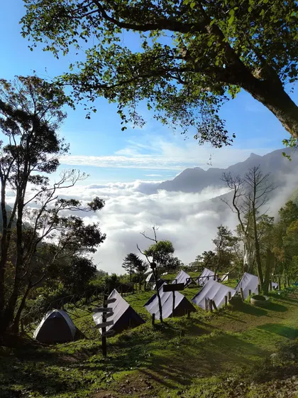 A beautiful shot of the campsite above the clouds.