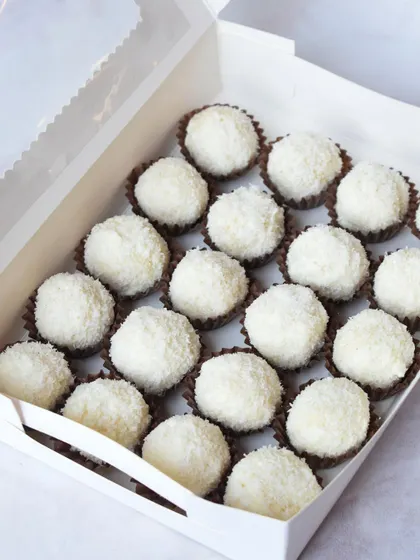 A box of our coconut truffles, a popular choice for our festive Diwali gift boxes.