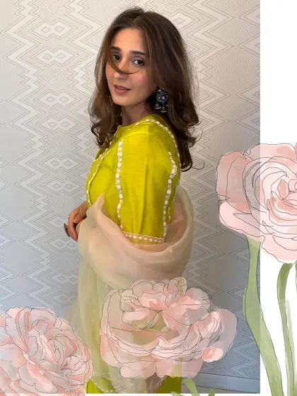 A playful and artistic edit of the lime green suit. The soft floral illustrations add a touch of whimsy, perfect for a spring festival or a garden party.