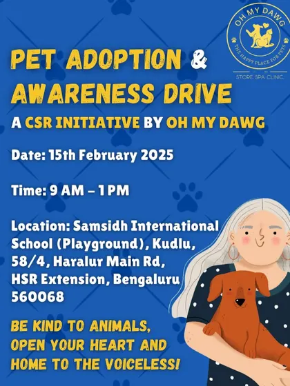 The announcement for our Pet Adoption and Awareness Drive at Samsidh International School. Our message is simple: be kind to animals, open your heart and home to the voiceless.