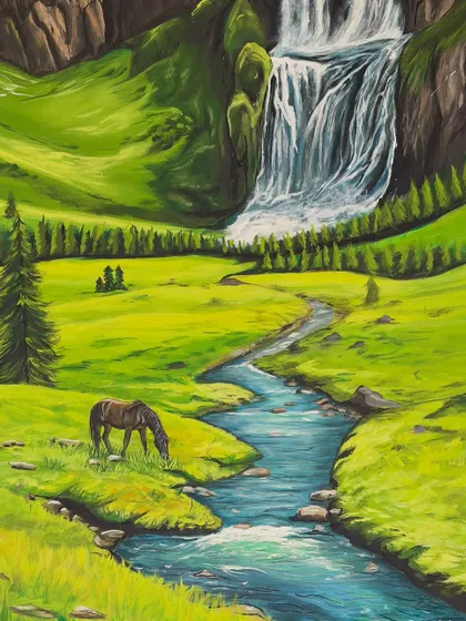 A detailed shot of the lower part of the landscape mural, focusing on the gentle horse grazing by the winding river. These small details help make the larger scene feel complete.