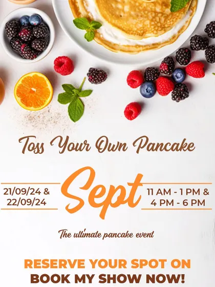 This poster for our September pancake event invites you to the ultimate pancake experience, complete with fresh fruit and other toppings.