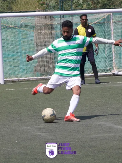 A player strikes the ball with perfect form. These are the moments of quality that define a competitive corporate football tournament.