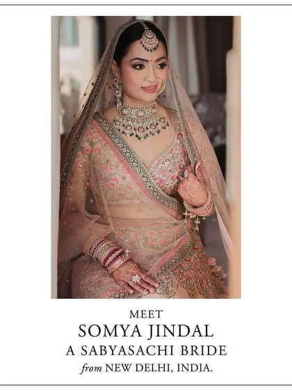 A detailed portrait of Somya, a Sabyasachi bride from New Delhi. This close-up highlights the intricate jewelry pairing and makeup we planned to complement her elegant bridal lehenga.