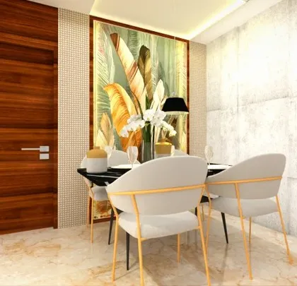 A view of the dining area from the proposed design. The simple, modern dining set is placed against a textured concrete-finish wall, with a large painting adding a pop of color.