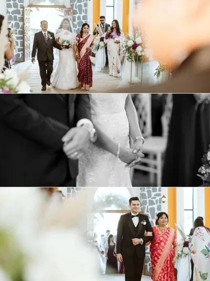 A collage showing the emotional moments of the bride and groom walking down the aisle with their parents. These images capture the significance of family and tradition.