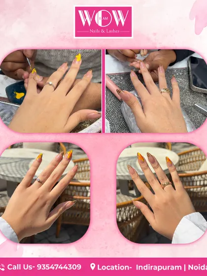 A look at our artists in action. This collage shows the detailed process of creating beautiful nail extensions, from application to the final, stunning result.