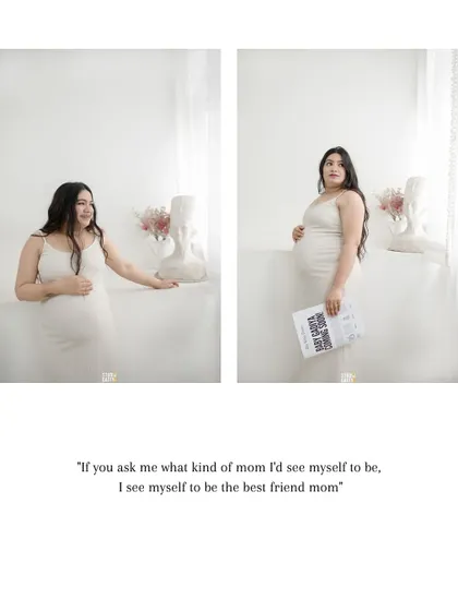 Two beautiful solo portraits of the mother-to-be, capturing her serene and thoughtful moments during the session.