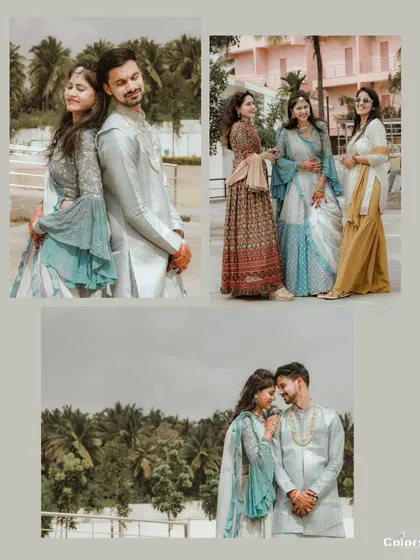 A collection of portraits from a Haldi day, showing the couple together and the bride with her bridesmaids.