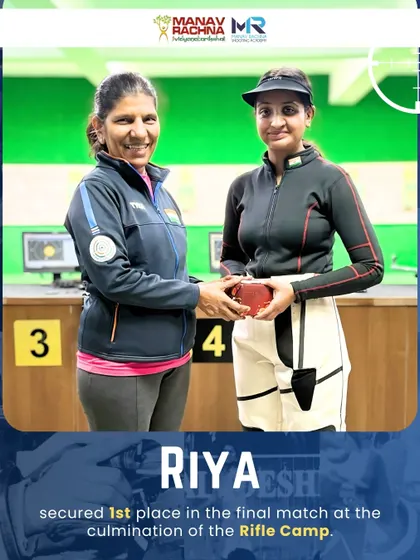 Our shooter Riya receives her prize from Coach Deepali Deshpande after securing 1st place in the final match of the Rifle Camp, a culmination of intensive training.