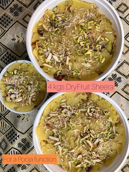 An order of 4 kgs of rich Dryfruit Sheera for a Pooja function. It's a traditional sweet that I make with lots of ghee and love.