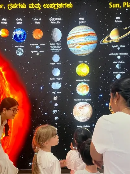 A teacher points out different planets on a solar system chart, answering the children's questions and expanding their knowledge.