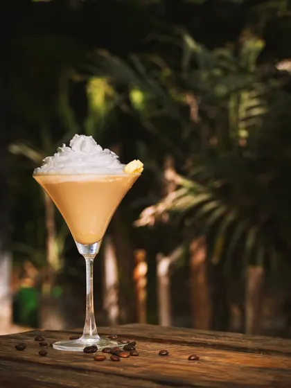 A creamy, coffee-flavored cocktail topped with whipped cream. The outdoor, rustic wooden table setting provides a beautiful contrast to the elegant martini glass.