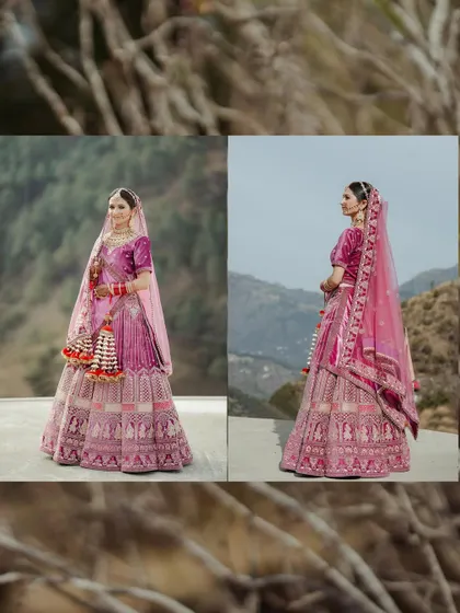 A diptych of the bride in her purple and pink lehenga, posing against the mountain landscape. It connects her beautiful attire to the destination.