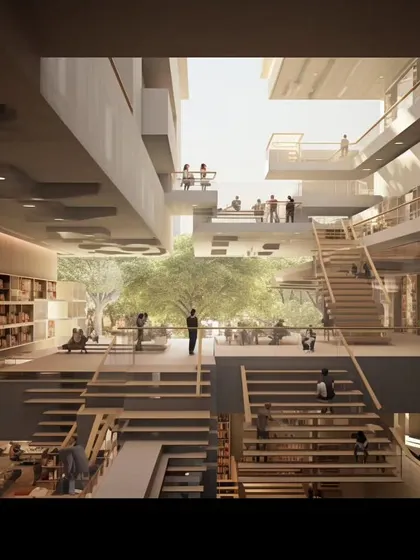 Conceptual explorations using AI for a communal library space in a student hostel. We use technology as a tool to quickly visualize and test complex ideas about multi-level, interactive spaces that are filled with light and nature.