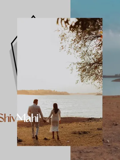 A creative composition showing a couple walking towards the sunset by the lake, framed to emphasize their journey together.