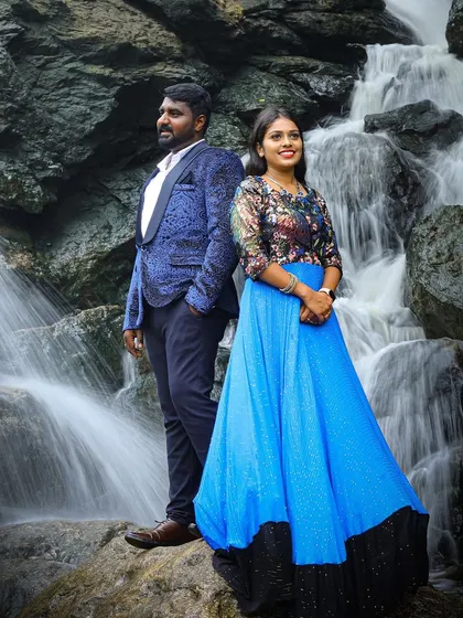 Another view of our blue gown and blazer set, showing how the outfits work from different angles. We ensure our coordinated sets are photogenic and comfortable for various poses during a pre-wedding shoot.