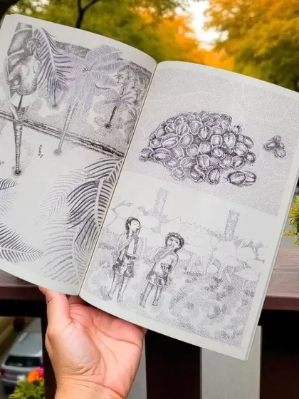 The detailed pointillism art in this book is incredible. Each page tells a story of childhood in rural Kerala without a single word, relying on universal emotions and experiences.