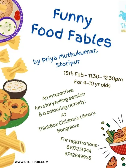 A poster for "Funny Food Fables," an interactive storytelling session all about food from around the world.