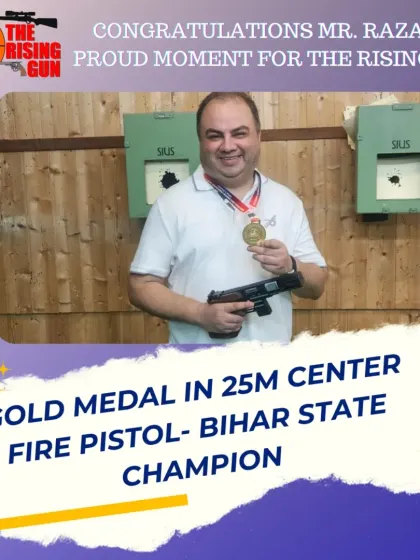 We are incredibly proud of our students' achievements. This is Mr. Raza Ali, who trained with us and won the Gold Medal in the 25m Center Fire Pistol category at the Bihar State Championship, proving that dedication and expert coaching lead to victory.