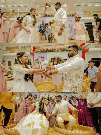 This collage captures the fun and rituals of Umang and Muskaan's Haldi. From dancing with family to being showered in turmeric and petals, it’s a vibrant summary of their celebration.