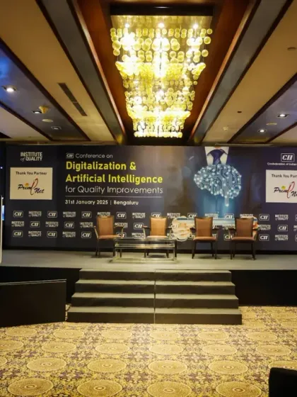 We capture the complete stage design and branding for your event. This photo shows the setup for the CII Conference on Digitalization & Artificial Intelligence, ensuring your sponsors and branding are well-represented.