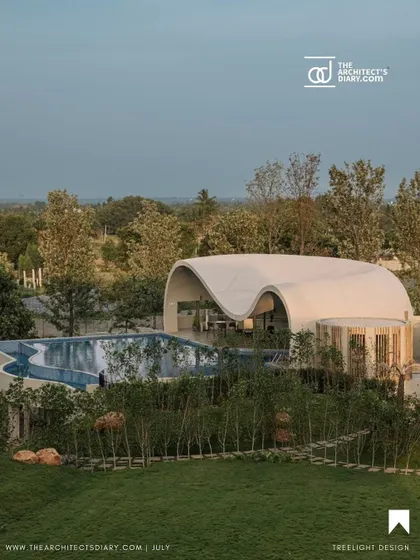 An aerial perspective showing how the Aqua Pool & Spa is situated within the wider landscape. The design is carefully placed among the trees, creating a private retreat that feels completely enveloped by nature.