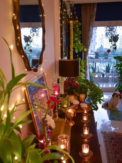 Another favorite festive moment, with my furry boy looking out at the decorated balcony.