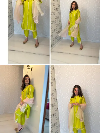 A collage showing different angles of the lime green suit. This gives a complete view of the outfit's fit, flow, and details, from the straight-cut pants to the light dupatta.