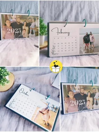 A collage showing the different angles and pages of a custom 2025 ring-bound calendar. You can see how each month features a new family photo.