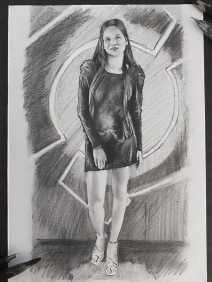 A full-length pencil sketch of a woman in a black dress against a graphic background.
