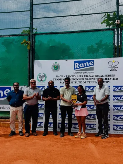 The official prize distribution ceremony for the NS U/16 Trichy, with Eshita and other officials.