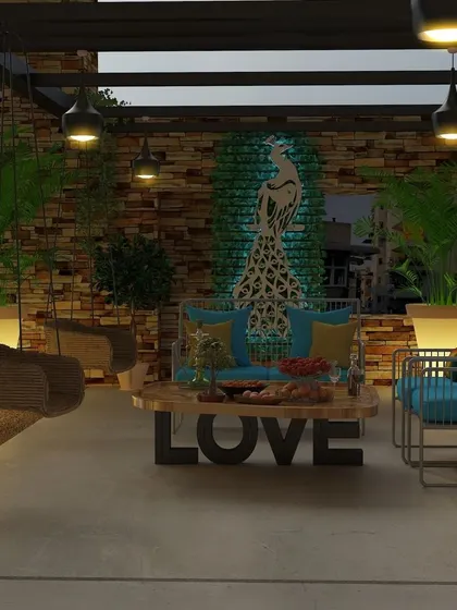 For a client who loves peacocks, we designed this unique terrace lounge. The space features a stunning peacock mural on a brick accent wall, complemented by vibrant blue furniture, hanging swings, and large illuminated planters.
