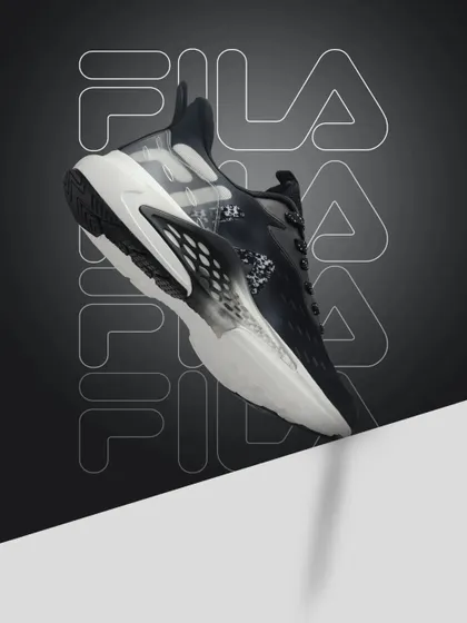 A black and white Fila sneaker suspended in the air against a dark, graphic background, giving it a futuristic feel.